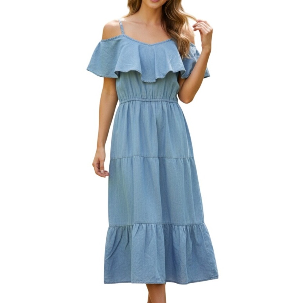 OLD NAVY Tiered Peasant Dress CHAMBRAY TENCEL Light Blue OFF-SHOULDER Ruffle XS
